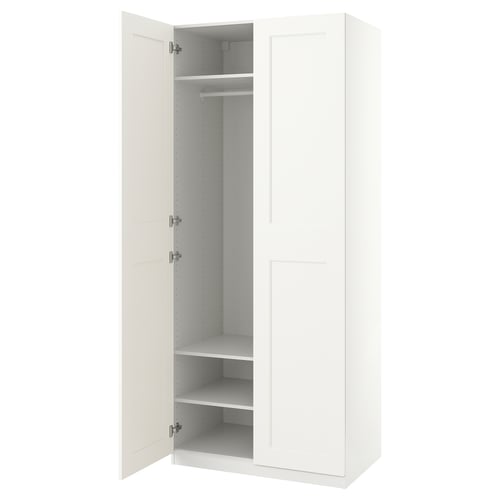 White PAX wardrobe, slim & narrow, open doors revealing shelves & rail, sleek minimalist design.