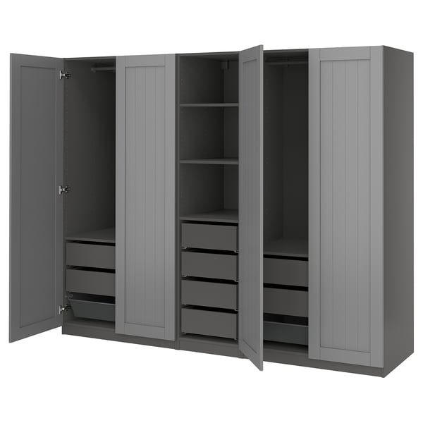 Grey PAX wardrobe with shelves and drawers, modern design.