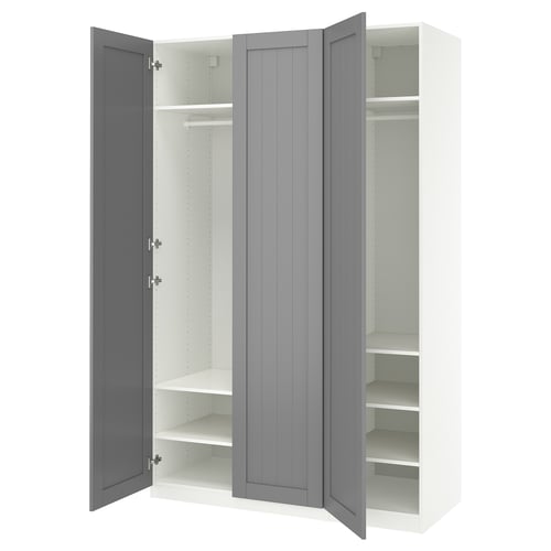 A white and grey PAX wardrobe with three open sections: two with shelves and one with a hanging rod.