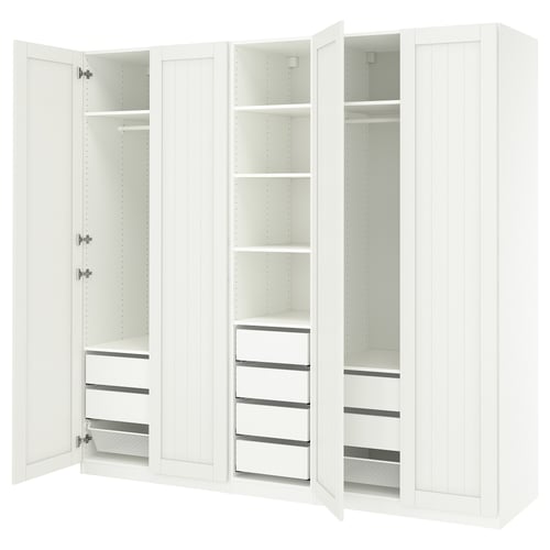 White PAX wardrobe, 3-part. Shelves, drawers, rail. Modern, vertically panelled.