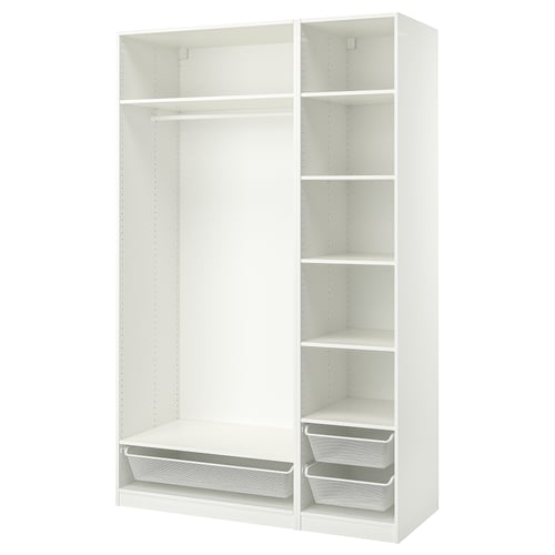 A white PAX wardrobe with shelves and mesh baskets.