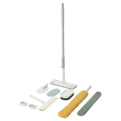 Multi-functional cleaning tool set with telescopic handle, microfiber cloths, duster, and brushes. White and yellow, plastic, microfiber, aluminium.