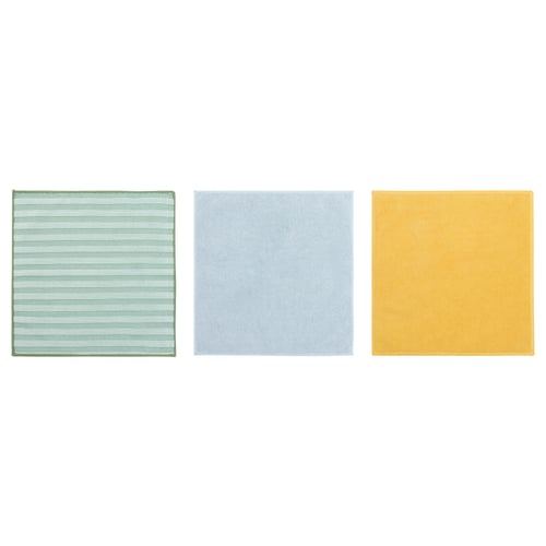 Three square cleaning cloths in green, light blue, and yellow, each with a soft texture.