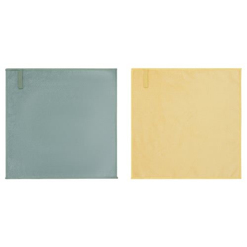 Two PEPPRIG microfibre cleaning cloths, one blue, one yellow, rectangular with rounded corners, displayed side by side.