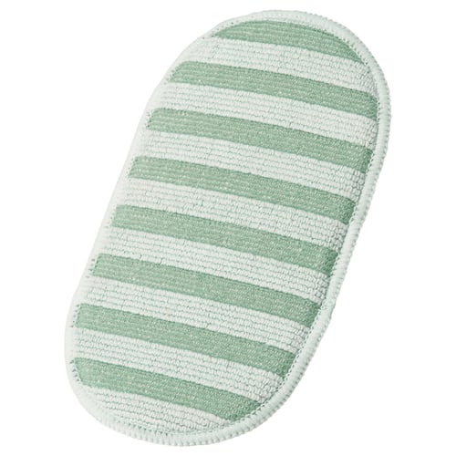 Green and white striped microfibre pad for cleaning. Oval shape with textured surface.