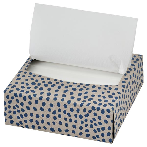 PILLERSTARR tissues: blue-dotted grey box with white paper lid, recycled paper.