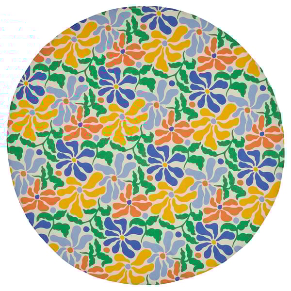 PILLERSTARR round dining tablecloth, multi-colored floral pattern, 100% cotton, vibrant, circular.