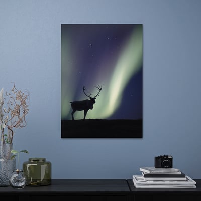Black PJÄTTERYD stag poster on blue wall with decor.