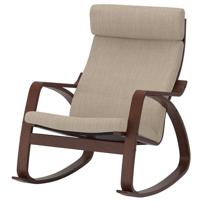 Generating an informative for this image within the specified character limit: beige cushioned rocking chair with dark wood frame and padded headrest.
