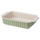 Rectangular green-white stoneware baking dish, ribbed design, easy-lift handles.