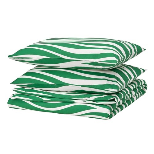 PORTLAKMÅLLA green and white striped bedding set; soft cotton-viscose blend.