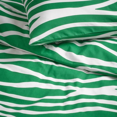PORTLAKMÅLLA Duvet cover and pillowcase, green/white, 150x200/50x80 cm