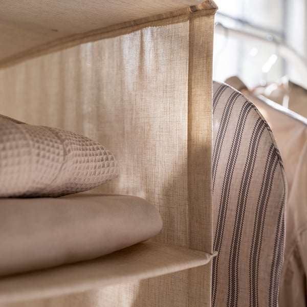 Beige fabric storage, PURRPINGLA series, striped & textured, fits wardrobe or rack.