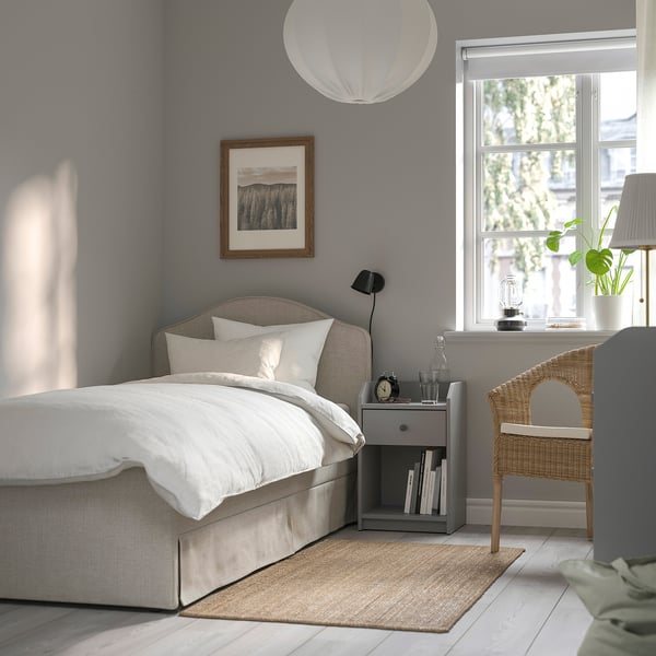 RAMNEFJÄLL Upholstered bed frame, Kilanda light beige/Luröy, 90x200 cm