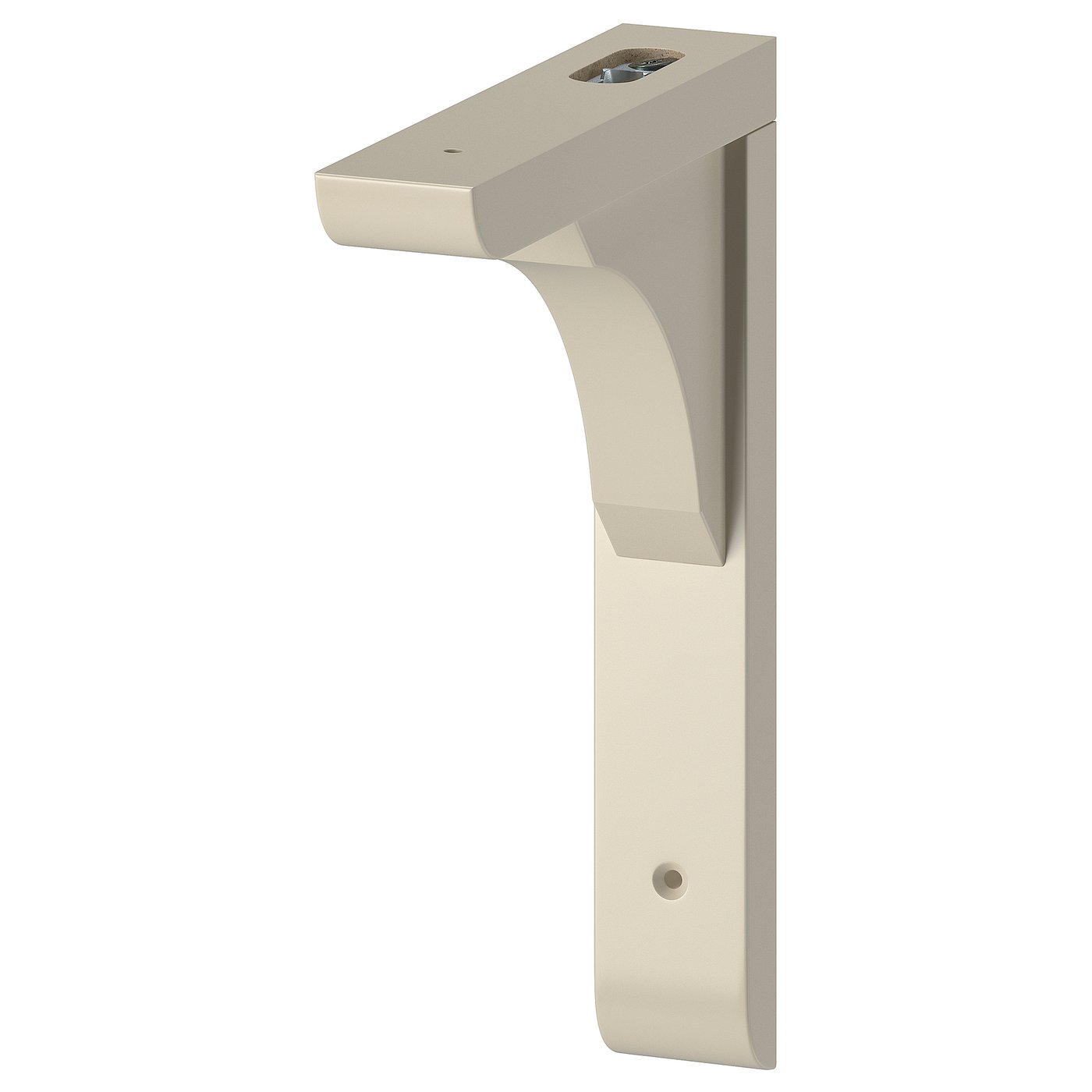 A beige RAMSHULT bracket. Its reversible for 20 or 30 cm deep shelves. Made of acrylic-painted fibreboard with a sleek, angular design.