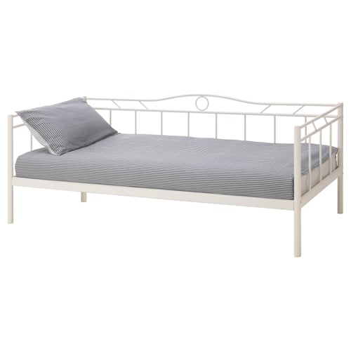 A white RAMSTA day-bed with a grey striped mattress and pillow. It a steel frame with a classic design.
