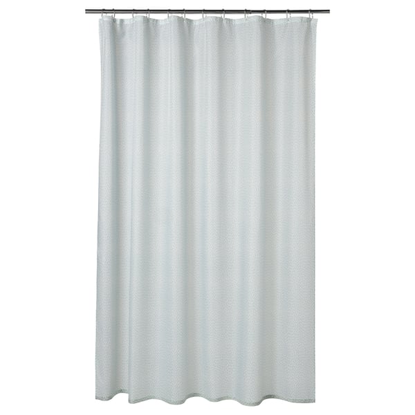 This image shows a light blue RÅNEÄLVEN shower curtain made from recycled polyester with a subtle dot design.