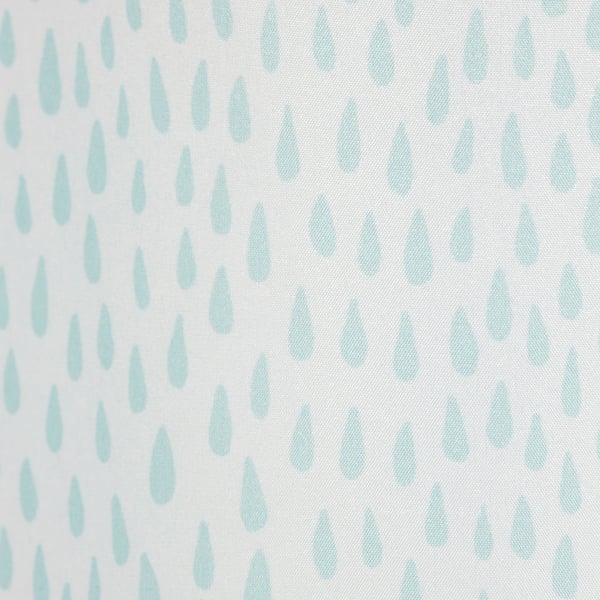 Turquoise shower curtain with playful drop pattern, made from recycled polyester. Refreshing, eco-friendly design.
