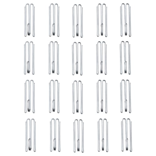 Grid of 25 silver RIKTIG curtain hooks, uniformly arranged, made of steel, small and cylindrical.
