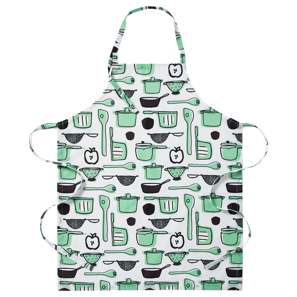 RINNIG apron: white with green kitchen tools, recycled polyester, adjustable strap.