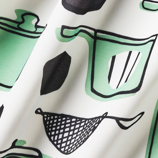 Abstract kitchen print with green and white tea kettles, sleek lines, textured material.