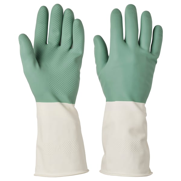 RINNIG brand green rubber kitchen gloves, textured fingers, white wrist.