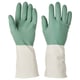RINNIG brand green rubber kitchen gloves, textured fingers, white wrist.