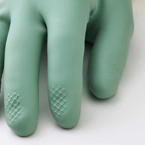 A pair of pale green dish gloves with textured fingertips for better grip.
