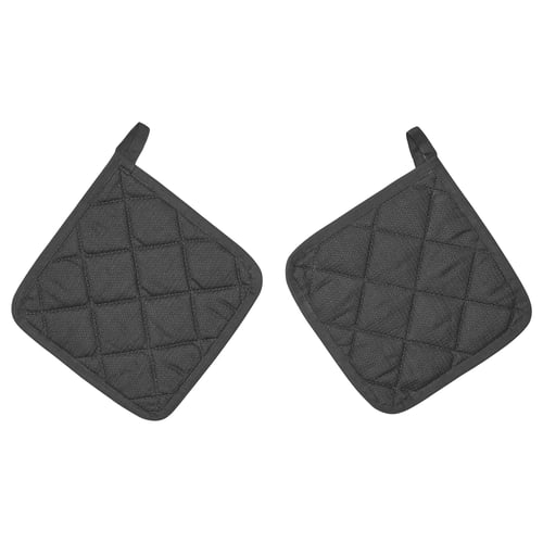 Black RINNIG potholders, rectangular with diamond stitch.
