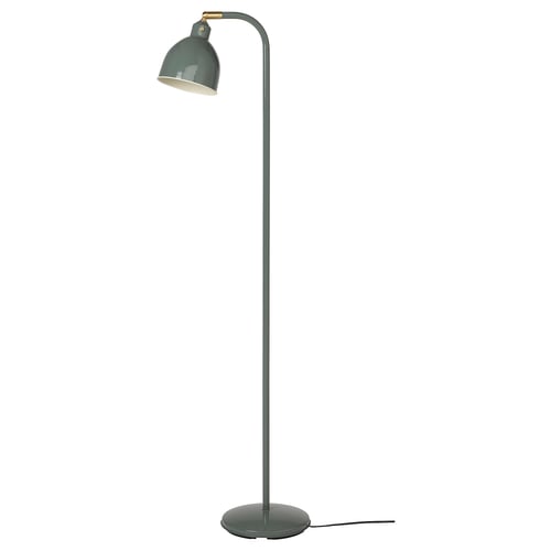 This image a RÖDFLIK floor lamp in green with a brass-colored accent. The lamp has a slender, adjustable neck and a round base.