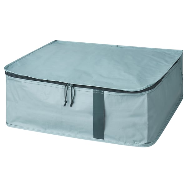 SÄCKKÄRRA: light blue storage box with zip, light grey accents, rectangular.