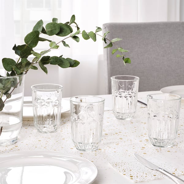 SÄLLSKAPLIG Glass, clear glass/patterned, 39 cl