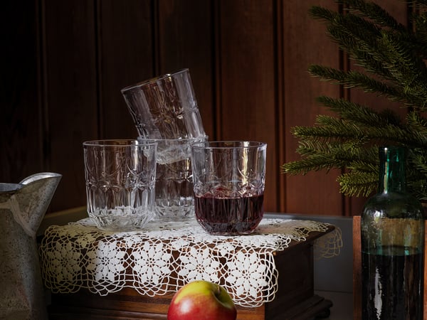 SÄLLSKAPLIG Glass, clear glass/patterned, 27 cl