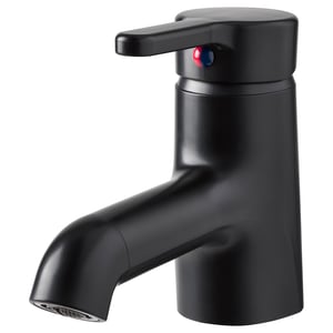 Black modern tap, curved spout, single handle, red/blue indicators, abs plastic body.