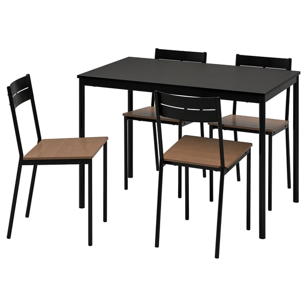 Modern black dining set with rectangular table and minimalist chairs.