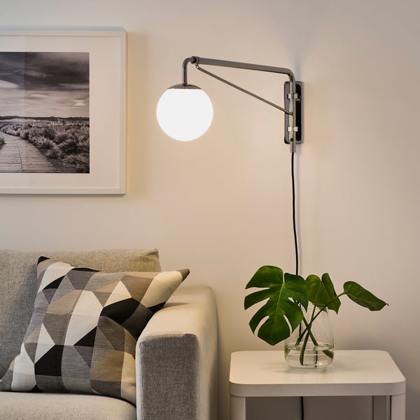SIMRISHAMN Wall lamp with swing arm, chromeplated/opal white glass IKEA