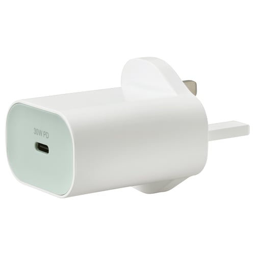 White compact usb-c charger, small and portable, with a rounded design and power output of 30w pd.