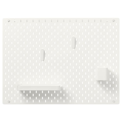 SKÅDIS white pegboard organiser, rectangular shape with evenly spaced holes and two hooks, one shelf, and one small container attached.