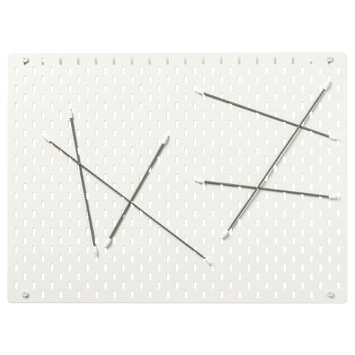 SKÅDIS white pegboard with metallic hooks arranged in star shapes.