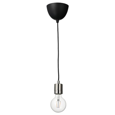 SKAFTET modern pendant lamp with black shade, silver socket, clear bulb showcasing visible filament.