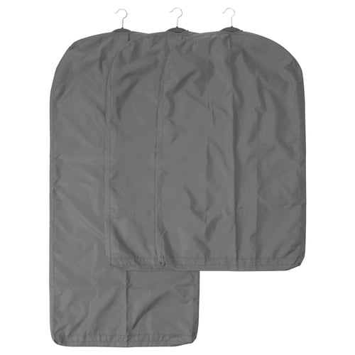 Three grey garment bags in varied lengths hanging; designed for travel, made from recycled polyester.