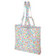 SKYNKE reusable shopping bag, white with colourful print, handles, foldable, eco-friendly, recycled material.