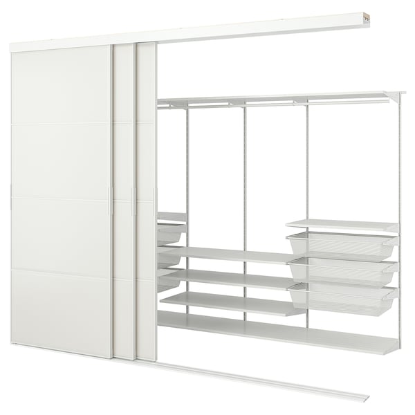 A white SKYTTA wardrobe system with sliding doors and metal shelves. It includes mesh drawers in the open section.