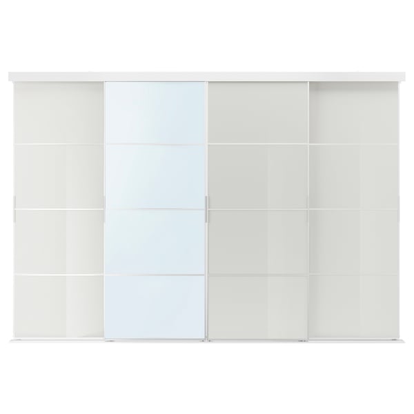 SKYTTA white sliding closet doors with glass panel. Five-section design, modern look.