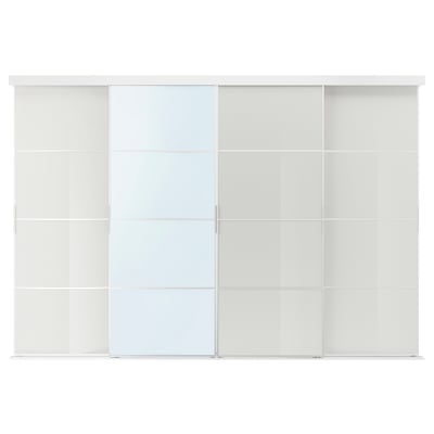 SKYTTA white sliding closet doors with glass panel. Five-section design, modern look.