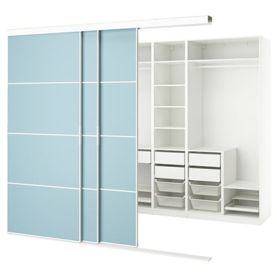 A SKYTTA light blue wardrobe with sliding doors and shelves, made of wood and metal.