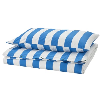 SLÅNHÖSTMAL Duvet cover and pillowcase, blue/white/striped, 150x200/50x80 cm