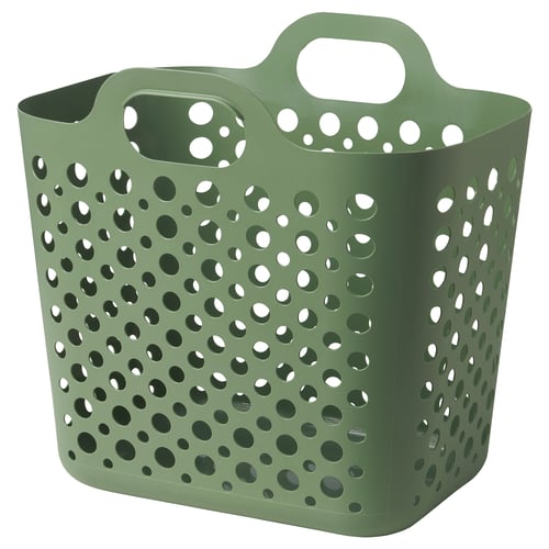 Green perforated laundry basket with handles for ventilation, made of polyethylene plastic.