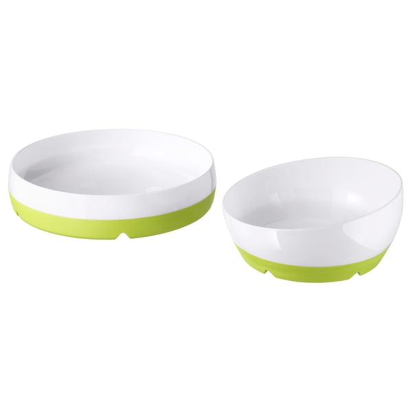Set of 2 SMÅGLI kids bowls, white w/ lime trim, plastic, round shape, anti-slip base.