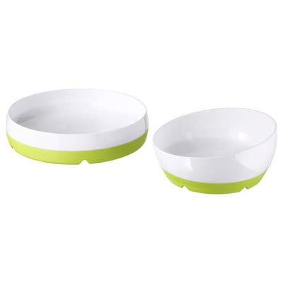 Set of 2 SMÅGLI kids bowls, white w/ lime trim, plastic, round shape, anti-slip base.